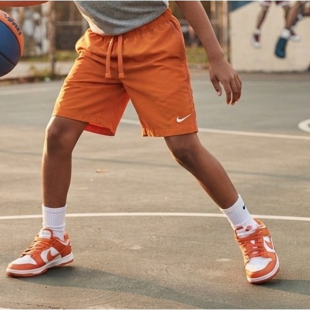 Nike Boys Basketball Athletic Shorts Embroidered Swoosh Small Orange Drawstring